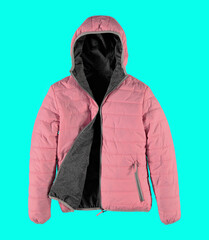 Wall Mural - Rose warm quilted jacket with a hood. Bomber jacket on a blue  background. Isolated image. Photo on a mannequin.