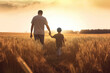 father and son walk hand in hand through a wheat field at sunset. Generative AI