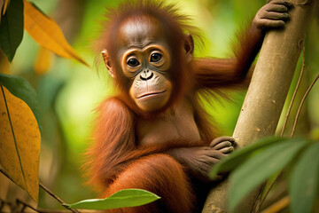 Wall Mural - a cute baby orangutan is holding on to the tree in the jungle. Generative AI
