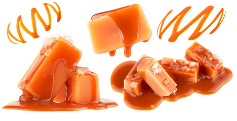 Delicious sweets - Golden Butterscotch toffee candy caramels and liquid caramel sauce isolated on a white background. Collection.
