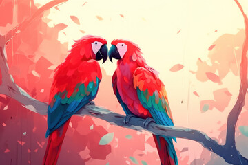 Wall Mural - Two red macaws parrots, in love with each other, settled on a lush tree branch. Generative AI