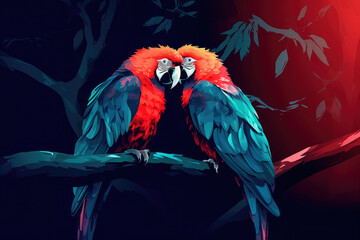 Wall Mural - Two red macaws parrots, in love with each other, settled on a lush tree branch. Generative AI