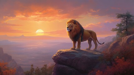 Canvas Print -  a painting of a lion standing on top of a cliff.  generative ai