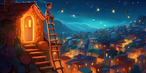 boy on a ladder contemplating the illuminated city, dream and illusion concept, generative ai