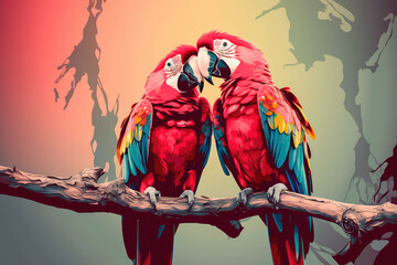 Wall Mural - Two red macaws parrots, in love with each other, settled on a lush tree branch. Generative AI