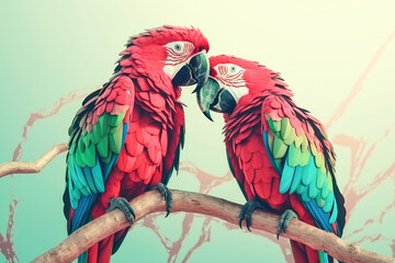 Wall Mural - Two red macaws parrots, in love with each other, settled on a lush tree branch. Generative AI