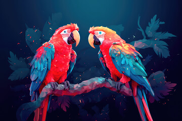 Two red macaws parrots, in love with each other, settled on a lush tree branch. Generative AI