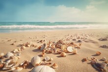 Shells On Sandy Beach. Tropical Beach With Sea Shells On Sand. Summer Holiday Concept. Post-processed Generative AI