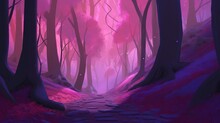  A Painting Of A Path Through A Pink Forest With Trees.  Generative Ai