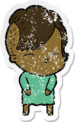 distressed sticker of a cartoon squinting girl
