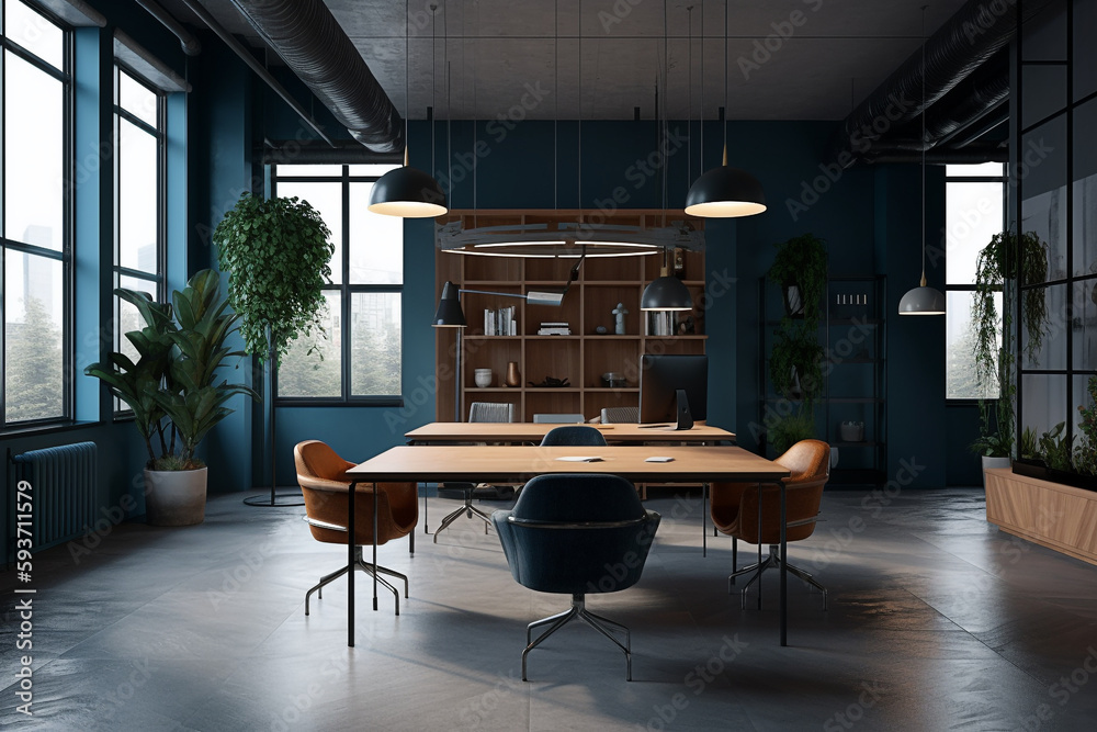 Office interior, office desk photos, front office photos, creative office, modern office design, office wall design, office workspace design photos, images, and pictures. AI generative technology
