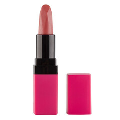 Wall Mural - Open lipstick in a bright pink case on a white background