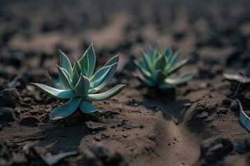 Poster - Two plants have planted on dried soil. Generative AI