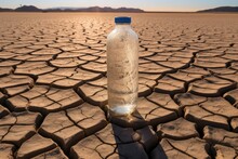 Water Bottle Standing In Dry Lake Desert Soil. Generative AI