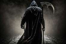 The Grim Reaper, A Man In A Black Cloak Holding A Scyth 
