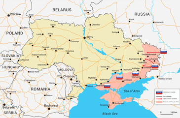  Russian invasion of Ukraine map. Vector map with occupied territory, cities and main roads. Status as of April 2023. Full editable map.