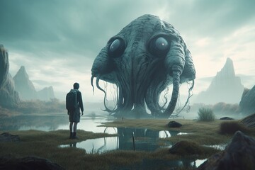 A whimsical illustration of a creature or character from a sci-fi story in a futuristic landscape, Generative AI