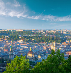 Morning central part of Lviv City (Ukraine) panorama from High Castle Hill (in flank sun rays)