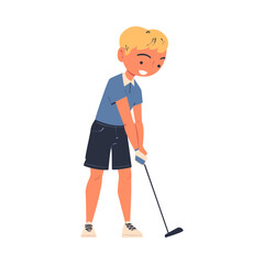 Poster - Man Character Playing Golf with Club Enjoying Recreation Activity Vector Illustration