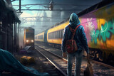 Fototapeta  - Graffiti writer at a train yard by night - Atmospheric night shot
