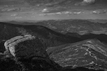 Wall Mural - Amazing landscape of mountain hills at sunshine. Black and white effect.