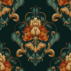 Wall Mural - Luxury damask seamless pattern. Elegant background with curly elements, flowers. leaves. Royal floral ornament. Green, gold and bronze tones. Created with generative AI tools. Repeat tileable design