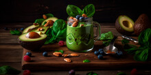 Glass Jar Of Green Juice Smoothie With Spinach. Generative AI