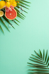 Wall Mural - Juicy summer fruit concept. Top vertical view flat lay of bright alstroemeria with tangy orange slices, grapefruit, and lemon with exotic palm leaves on pastel teal background with blank area for text