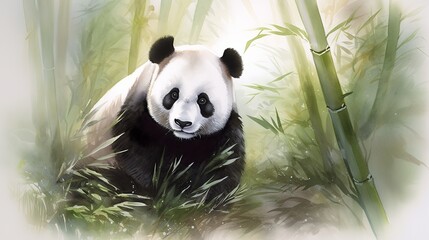 Wall Mural - In this watercolor painting, a serene panda is depicted in its natural habitat