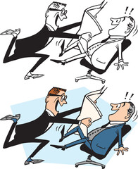 Sticker - A vintage retro cartoon of two businessmen sharing exciting news. 