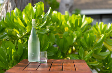 Glass bottle of water on the background of lush green foliage