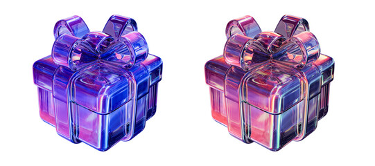 Aufkleber - 3d holographic glass gift box on isolated background. Present with neon colors. 3d rendering illustration..