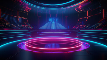 purple empty scene with blue line neon lamps on background and pink digital podium. ai generated