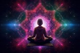 Fototapeta Kosmos - Meditating Woman Amid Glowing Galaxy in Lotus Pose, Generative AI