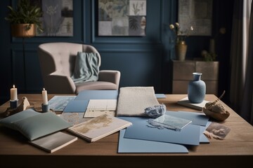 Dusty blue furniture board, sample board and mood board as an interior design and home styling concept. Generative AI