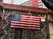 American Flag Landscape  Construction Site In City Scaffolding