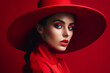 beautiful showy model in a red hat red clothes on a red background. Generative AI
