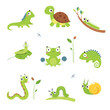 Happy Green Animals with Turtle, Frog, Snake, Iguana and Chameleon Vector Set