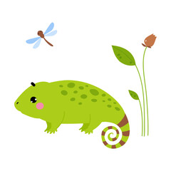 Sticker - Happy Green Chameleon Character with Curled Tail Vector Illustration