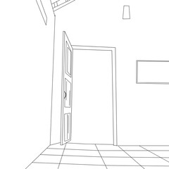 Draw a room with a television object and a door in black