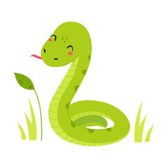 Poster - Happy Green Snake or Serpent Curling in Grass Vector Illustration