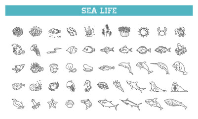 Wall Mural - Set of sea life icons. Vector outline symbols