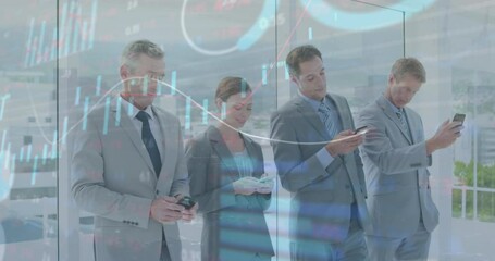 Poster - Animation of data processing over diverse businesspeople using smartphone at office