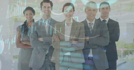Poster - Animation of data processing over diverse businesspeople standing together at office