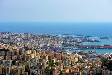 Poster -  urban panorama of Genoa and its port Genoa Italy