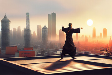 Qigong male Master Practicing Tai chi at sunset with city view and skyscrapers around. Man doing qigong tai chi exercise or reiki wearing kimono at sunrise with sea view. High quality illustration