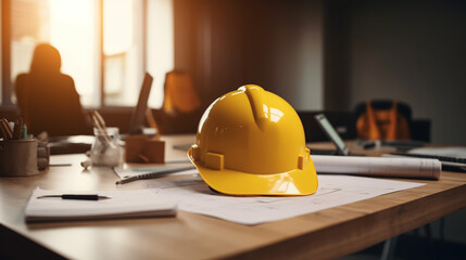 Wall Mural - Construction team planning, Yellow safety helmet on the office desk with contract Generative AI