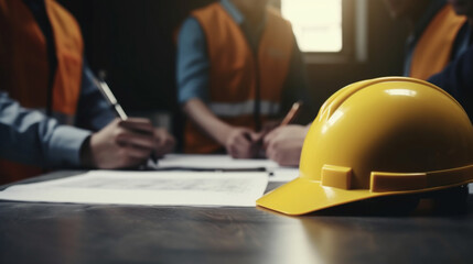 Wall Mural - Contract signing with construction team, Yellow safety helmet on the desk Generative AI