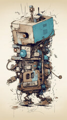 blueprint for a robot poster / android, mechanism, inspired by technology, and cartoons. Angry, lovely, awesome, futuristic illustration / painting with colourful graffiti design. Generative AI