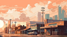 Illustration Inspired By Postcards And Posters From The 70s, Houston , Typical Street USA. America, Background. Created With Ai
